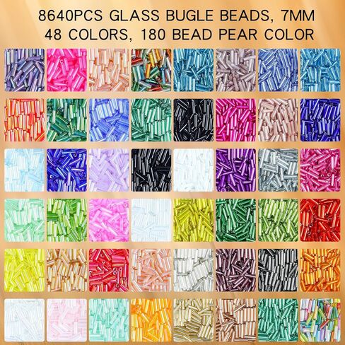 SONGIN 8640Pcs Glass Bugle Beads Kit, 2 * 7mm Tube Beads, Silverlined & Iridescent Craft Bead, 48 Colors Long Tube Bead for Jewelry Making, Embroidery, Crafts & DIY Projects in Saudi Arabia