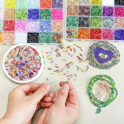 SONGIN 8640Pcs Glass Bugle Beads Kit, 2 * 7mm Tube Beads, Silverlined & Iridescent Craft Bead, 48 Colors Long Tube Bead for Jewelry Making, Embroidery, Crafts & DIY Projects in Saudi Arabia