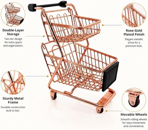 Miniature Shopping Cart Mini Double Layer Metal Supermarket Supermarket Handcart Shopping Utility Cart for Home Desktop Decor, Rose Gold in Saudi Arabia