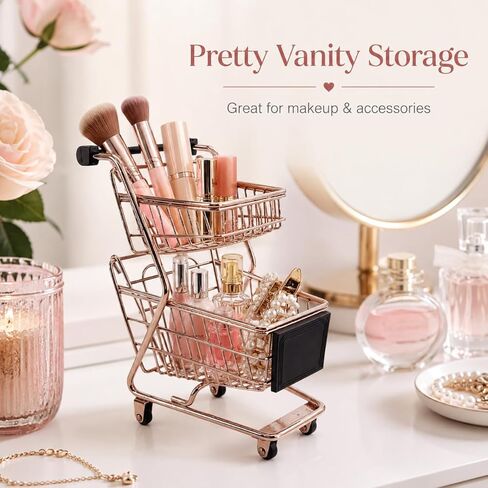 Miniature Shopping Cart Mini Double Layer Metal Supermarket Supermarket Handcart Shopping Utility Cart for Home Desktop Decor, Rose Gold in Saudi Arabia