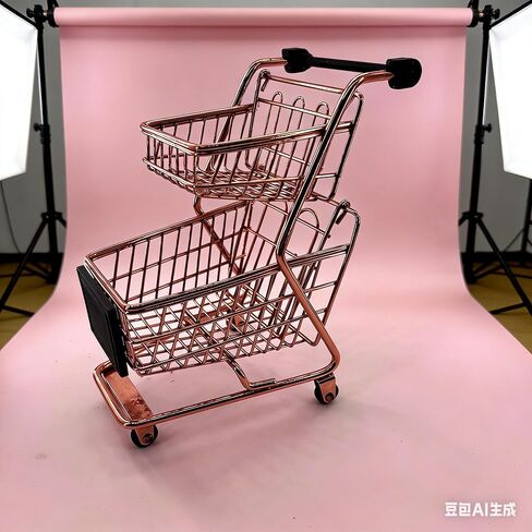 Miniature Shopping Cart Mini Double Layer Metal Supermarket Supermarket Handcart Shopping Utility Cart for Home Desktop Decor, Rose Gold in Saudi Arabia