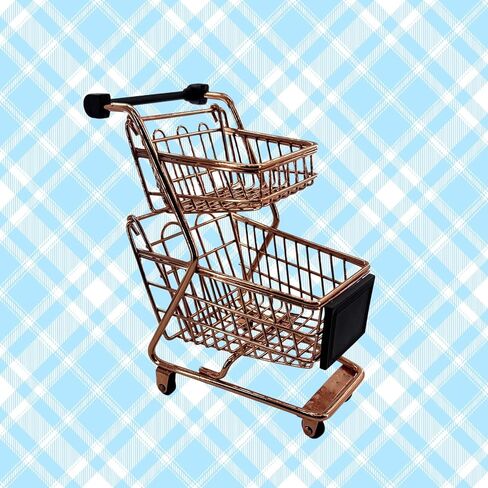 Miniature Shopping Cart Mini Double Layer Metal Supermarket Supermarket Handcart Shopping Utility Cart for Home Desktop Decor, Rose Gold in Saudi Arabia