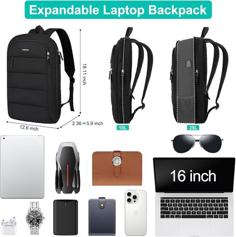 MOSISO 15-15.6 inch Laptop Backpack, Puffy Travel Backpack for Women, Quilted Casual Daypack, 16 inch Expandable Carry on Computer Bookbag with USB Port for College Work Business, Black in Kuwait