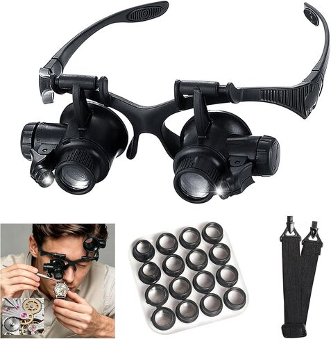 Head Mount Magnifying Glass with LED Light, Jewelers Loupe Magnifier with 8 Interchangeable Lens 2.5X/4X/6X/8X/10X/15X/ 20X/25X for Close Work/Electronics/Eyelash/Crafts/Jewelry/Repair in Saudi Arabia