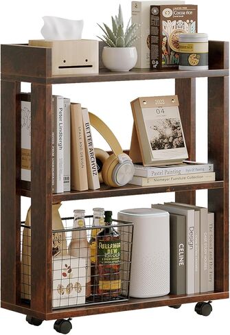 ALISENED 3-Tier Small Bookshelf with Wheels, Bedside Cart Library Cart, Rolling Bookcase for Small Space, Movable Standing Storage Shelves for Living Room/Bedroom/Office, Oak in Saudi Arabia