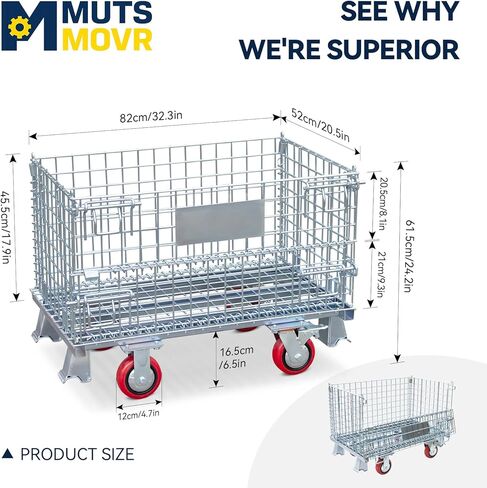 32" x 20" x 24" Collapsible Wire Mesh Container with Casters, Zinc Galvanized Folding Steel Storage Bin for Warehouse, Factory, Hospital, Airport, Hotel Use, 1000 lbs Capacity, Gray in Saudi Arabia
