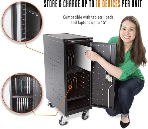 Line Leader 4 Pack Compact Mobile Charging Cart for Chromebooks, Laptops, Tablets and More - Charge and Store 16 Devices, Includes Power Strip and Locking Cabinet (4 Pack/12.13 in x 23.25 in x 34 in) in Kuwait