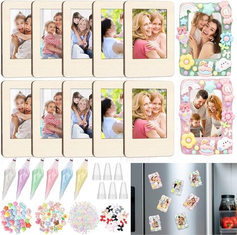 SiliFine 69 Pcs DIY Wooden Picture Frame Craft Kits with 12 Unfinished Mini Magnetic Photo Frame 6 Colors Whipped Cream Glue 51 Summer Theme Decor for DIY Phone Case Fridge Decor(Rainbow Colors) in Kuwait