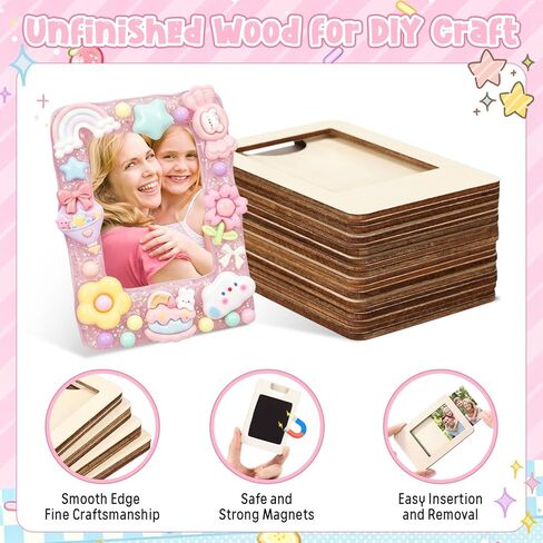 SiliFine 69 Pcs DIY Wooden Picture Frame Craft Kits with 12 Unfinished Mini Magnetic Photo Frame 6 Colors Whipped Cream Glue 51 Summer Theme Decor for DIY Phone Case Fridge Decor(Rainbow Colors) in Kuwait