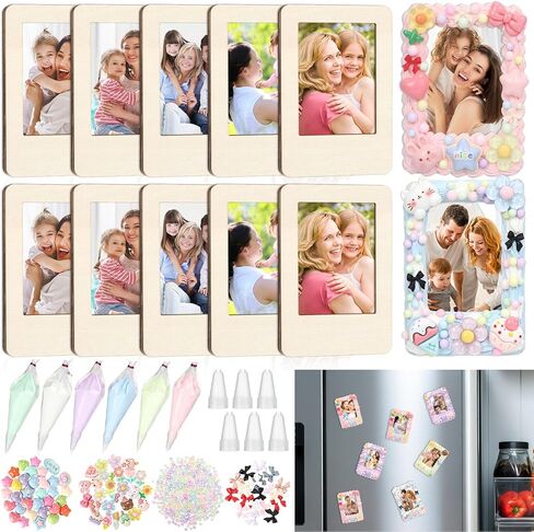 SiliFine 69 Pcs DIY Wooden Picture Frame Craft Kits with 12 Unfinished Mini Magnetic Photo Frame 6 Colors Whipped Cream Glue 51 Summer Theme Decor for DIY Phone Case Fridge Decor(Rainbow Colors) in Kuwait