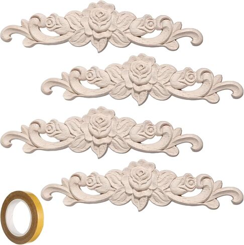 4 Pcs Wood Appliques Unpainted Wooden Onlays for Furniture, Decorative Carved Appliques Embellishments for Cabinet Door Wardrobe Crafts, 7.87" x 1.97(with Double-Sided Tape) in Kuwait