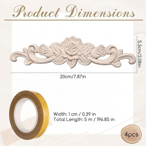 4 Pcs Wood Appliques Unpainted Wooden Onlays for Furniture, Decorative Carved Appliques Embellishments for Cabinet Door Wardrobe Crafts, 7.87" x 1.97(with Double-Sided Tape) in Kuwait