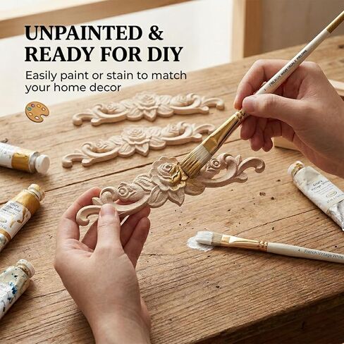 4 Pcs Wood Appliques Unpainted Wooden Onlays for Furniture, Decorative Carved Appliques Embellishments for Cabinet Door Wardrobe Crafts, 7.87" x 1.97(with Double-Sided Tape) in Kuwait
