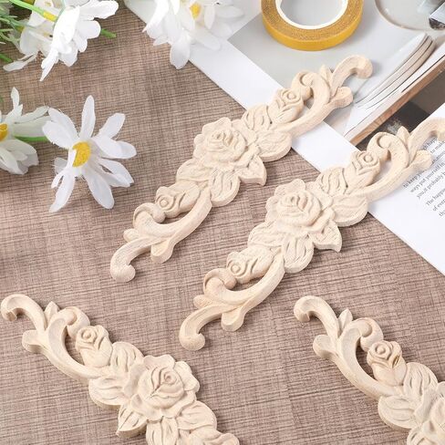 4 Pcs Wood Appliques Unpainted Wooden Onlays for Furniture, Decorative Carved Appliques Embellishments for Cabinet Door Wardrobe Crafts, 7.87" x 1.97(with Double-Sided Tape) in Kuwait