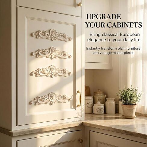4 Pcs Wood Appliques Unpainted Wooden Onlays for Furniture, Decorative Carved Appliques Embellishments for Cabinet Door Wardrobe Crafts, 7.87" x 1.97(with Double-Sided Tape) in Kuwait