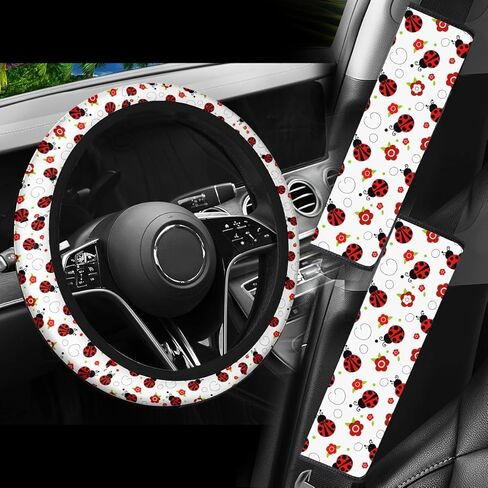 Red Ladybug & Flower Car Steering Wheel Cover with 2 Seat Belt Covers, Cute Auto Interior Accessories for Most Vehicles in Kuwait