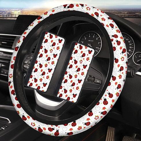 Red Ladybug & Flower Car Steering Wheel Cover with 2 Seat Belt Covers, Cute Auto Interior Accessories for Most Vehicles in Kuwait