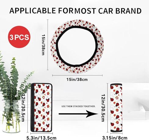 Red Ladybug & Flower Car Steering Wheel Cover with 2 Seat Belt Covers, Cute Auto Interior Accessories for Most Vehicles in Kuwait