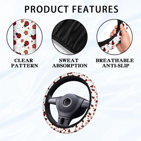 Red Ladybug & Flower Car Steering Wheel Cover with 2 Seat Belt Covers, Cute Auto Interior Accessories for Most Vehicles in Kuwait