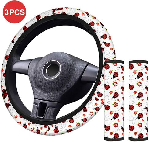 Red Ladybug & Flower Car Steering Wheel Cover with 2 Seat Belt Covers, Cute Auto Interior Accessories for Most Vehicles in Kuwait