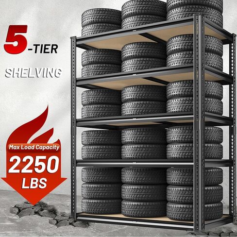 ROOMFAVE 2250LBS Storage Shelves Heavy Duty 5 Tier Garage Storage Shelves, Adjustable Metal Shelving Unit Utility Rack Shelf for Warehouse,Pantry,Closet,Kitchen 72" H x 35.56" W x 16" D, Black,Gift in Saudi Arabia