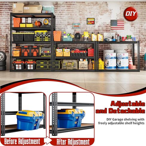 ROOMFAVE 2250LBS Storage Shelves Heavy Duty 5 Tier Garage Storage Shelves, Adjustable Metal Shelving Unit Utility Rack Shelf for Warehouse,Pantry,Closet,Kitchen 72" H x 35.56" W x 16" D, Black,Gift in Saudi Arabia