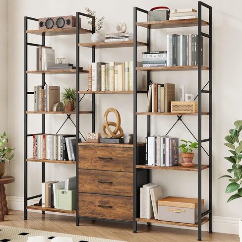 AFLUI Triple Bookshelf with 3 Fabric Drawers, 5-Tier Book Shelf and 10 Display Shelves, Industrial Large Bookcase for Home & Office, Rustic Brown, 47'' Wide in Saudi Arabia