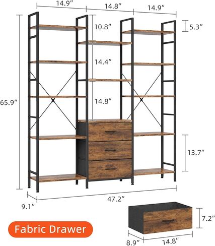 AFLUI Triple Bookshelf with 3 Fabric Drawers, 5-Tier Book Shelf and 10 Display Shelves, Industrial Large Bookcase for Home & Office, Rustic Brown, 47'' Wide in Saudi Arabia