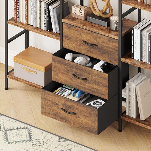 AFLUI Triple Bookshelf with 3 Fabric Drawers, 5-Tier Book Shelf and 10 Display Shelves, Industrial Large Bookcase for Home & Office, Rustic Brown, 47'' Wide in Saudi Arabia