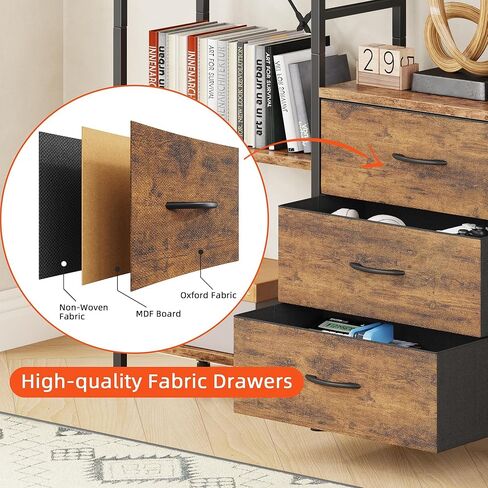AFLUI Triple Bookshelf with 3 Fabric Drawers, 5-Tier Book Shelf and 10 Display Shelves, Industrial Large Bookcase for Home & Office, Rustic Brown, 47'' Wide in Saudi Arabia