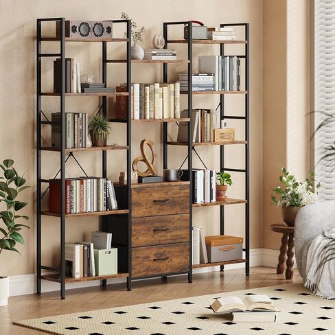 AFLUI Triple Bookshelf with 3 Fabric Drawers, 5-Tier Book Shelf and 10 Display Shelves, Industrial Large Bookcase for Home & Office, Rustic Brown, 47'' Wide in Saudi Arabia