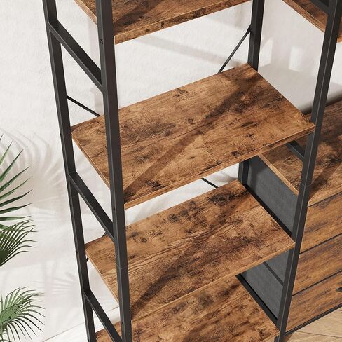 AFLUI Triple Bookshelf with 3 Fabric Drawers, 5-Tier Book Shelf and 10 Display Shelves, Industrial Large Bookcase for Home & Office, Rustic Brown, 47'' Wide in Saudi Arabia