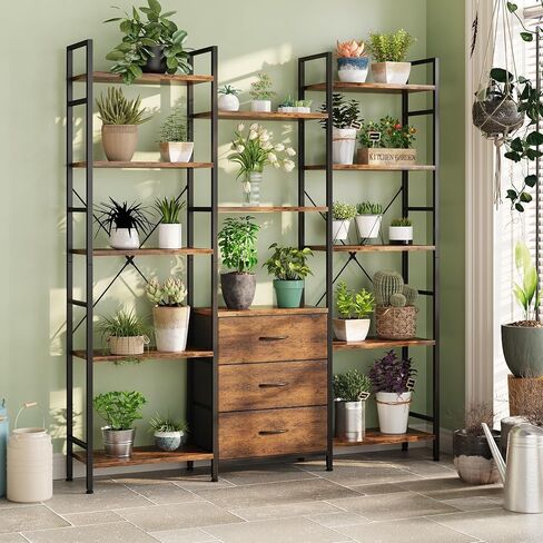 AFLUI Triple Bookshelf with 3 Fabric Drawers, 5-Tier Book Shelf and 10 Display Shelves, Industrial Large Bookcase for Home & Office, Rustic Brown, 47'' Wide in Saudi Arabia