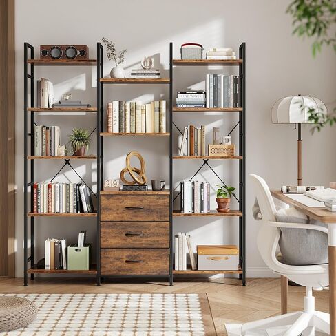 AFLUI Triple Bookshelf with 3 Fabric Drawers, 5-Tier Book Shelf and 10 Display Shelves, Industrial Large Bookcase for Home & Office, Rustic Brown, 47'' Wide in Saudi Arabia