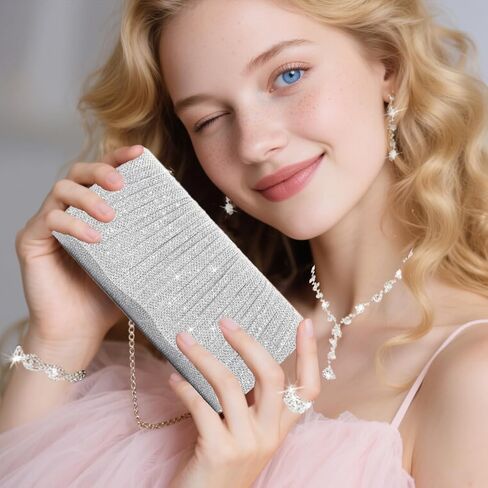 Silver Clutch Purse Prom Crystal Jewelry Accessories Set for Women Wedding Dressy Evening Party in Saudi Arabia