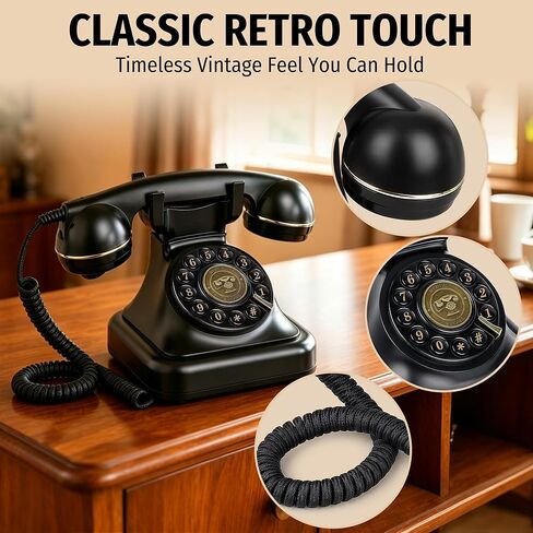 Uvital Retro Landline Telephone, Vintage Corded Desk Telephone, Old Fashioned Dial Button Phone with Redial Function, Loud Ringer for Home/Office, Black in Saudi Arabia