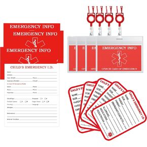 Child Emergency Contact Sticker Tags Car Seat Safety Set 10 Pcs Ice Emergency Sticker with 10 Folding Medical Information Id Card and Card Sleeves Medical Information Card with Lanyard (10 Set) in Saudi Arabia