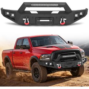 المصد الأمامي للطرق الوعرة MONOKING لـ 2015-2018 Ram 1500 Rebel، مصد ونش فولاذي شديد التحمل مع شريط إضاءة LED 144 وات وحلقات على شكل حرف D، أسود محكم (باستثناء الطرز غير المتمردة) in Kuwait