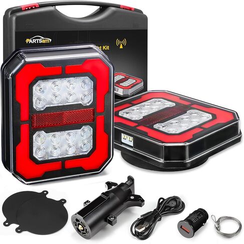Partsam Large Halo Wireless Trailer Light Kit Magnetic LED Portable Stop Turn Tail Lamp w/Strobe Function 7-Pin Plug Rechargeable 12-24V for Towing Trailers Trucks RVs Tractors in Kuwait