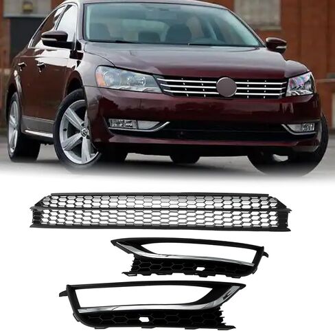 Black 3PCS Front Lower Grille Grill & Fog Light Cover Bezel with Hole Compatible with Volkswagen 2012 2013 2014 2015 VW Passat, Replace for 561853665E9B9/ 5618531012ZZ in Kuwait