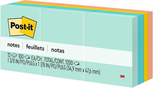 3M 653AST Post-It Note Pads, 1-1/2 x 2, Marseille Colors, 12 Pads/Pack in Kuwait