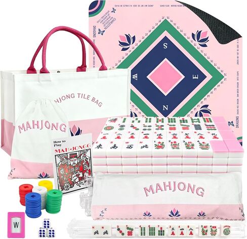 American Mahjong Game Set Complete with 166 Pink Tiles, Noise Reducing Mat, 4 All-in-One Rack/Pushers, Pink Bag & Accessories - Suitable for Adults and Beginners in Saudi Arabia