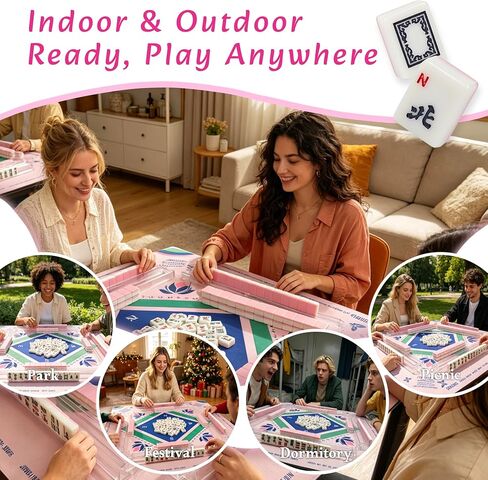 American Mahjong Game Set Complete with 166 Pink Tiles, Noise Reducing Mat, 4 All-in-One Rack/Pushers, Pink Bag & Accessories - Suitable for Adults and Beginners in Saudi Arabia