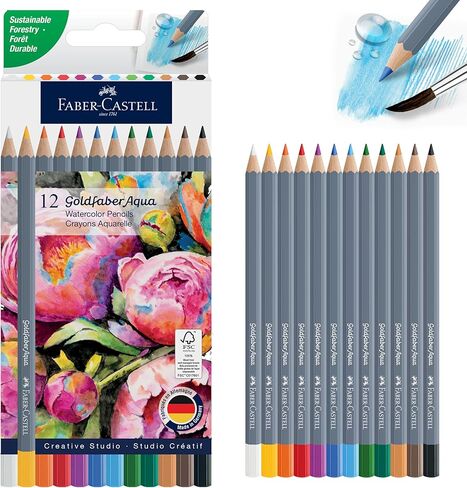 Faber-Castell Goldfaber Aqua Watercolor Pencils: 12 Count, Pre-Sharpened Colored Pencil Set for Drawing & Painting, Drawing Supplies & Artist Gifts in Kuwait