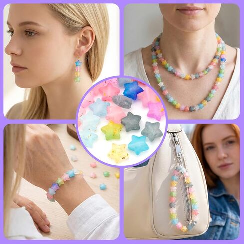 HINZIC 250pcs Acrylic Star Beads, Transparent Kandi Pony Bead Buttons with Holes, Cute Aesthetic Spacer Charms Assortments for Jewelry Making DIY Crafts Necklace Bracelet- Multi Colors in Kuwait