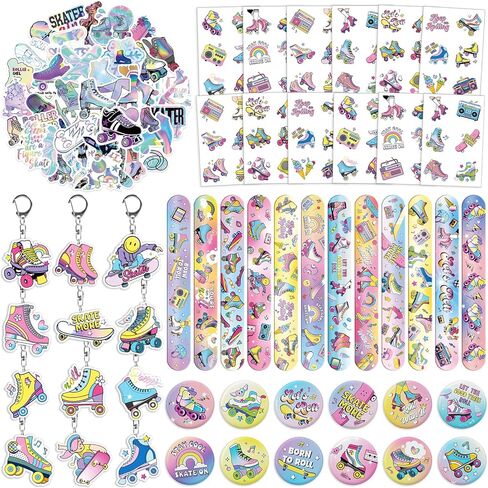 Roller Skate Party Favors for Kids - 98PCS Retro Skating Birthday Goodie Bag Set with Slap Bracelets, Tattoos, Keychains, Stickers & Pins Gifts for Girls & Boys in Saudi Arabia