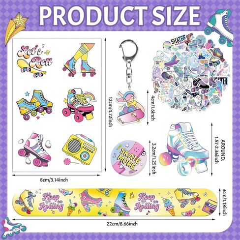 Roller Skate Party Favors for Kids - 98PCS Retro Skating Birthday Goodie Bag Set with Slap Bracelets, Tattoos, Keychains, Stickers & Pins Gifts for Girls & Boys in Saudi Arabia