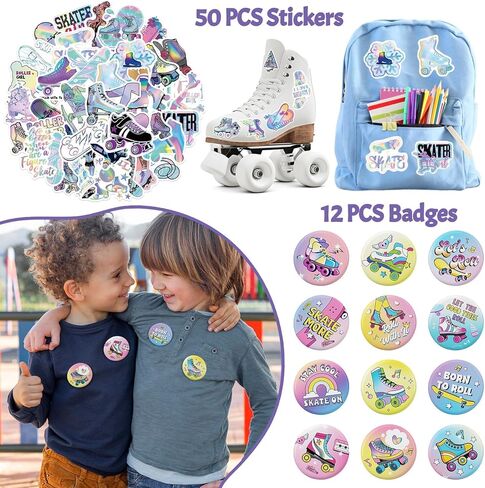 Roller Skate Party Favors for Kids - 98PCS Retro Skating Birthday Goodie Bag Set with Slap Bracelets, Tattoos, Keychains, Stickers & Pins Gifts for Girls & Boys in Saudi Arabia
