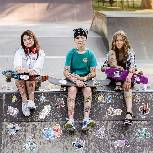 Roller Skate Party Favors for Kids - 98PCS Retro Skating Birthday Goodie Bag Set with Slap Bracelets, Tattoos, Keychains, Stickers & Pins Gifts for Girls & Boys in Saudi Arabia