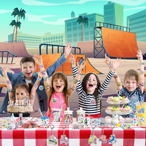 Roller Skate Party Favors for Kids - 98PCS Retro Skating Birthday Goodie Bag Set with Slap Bracelets, Tattoos, Keychains, Stickers & Pins Gifts for Girls & Boys in Saudi Arabia